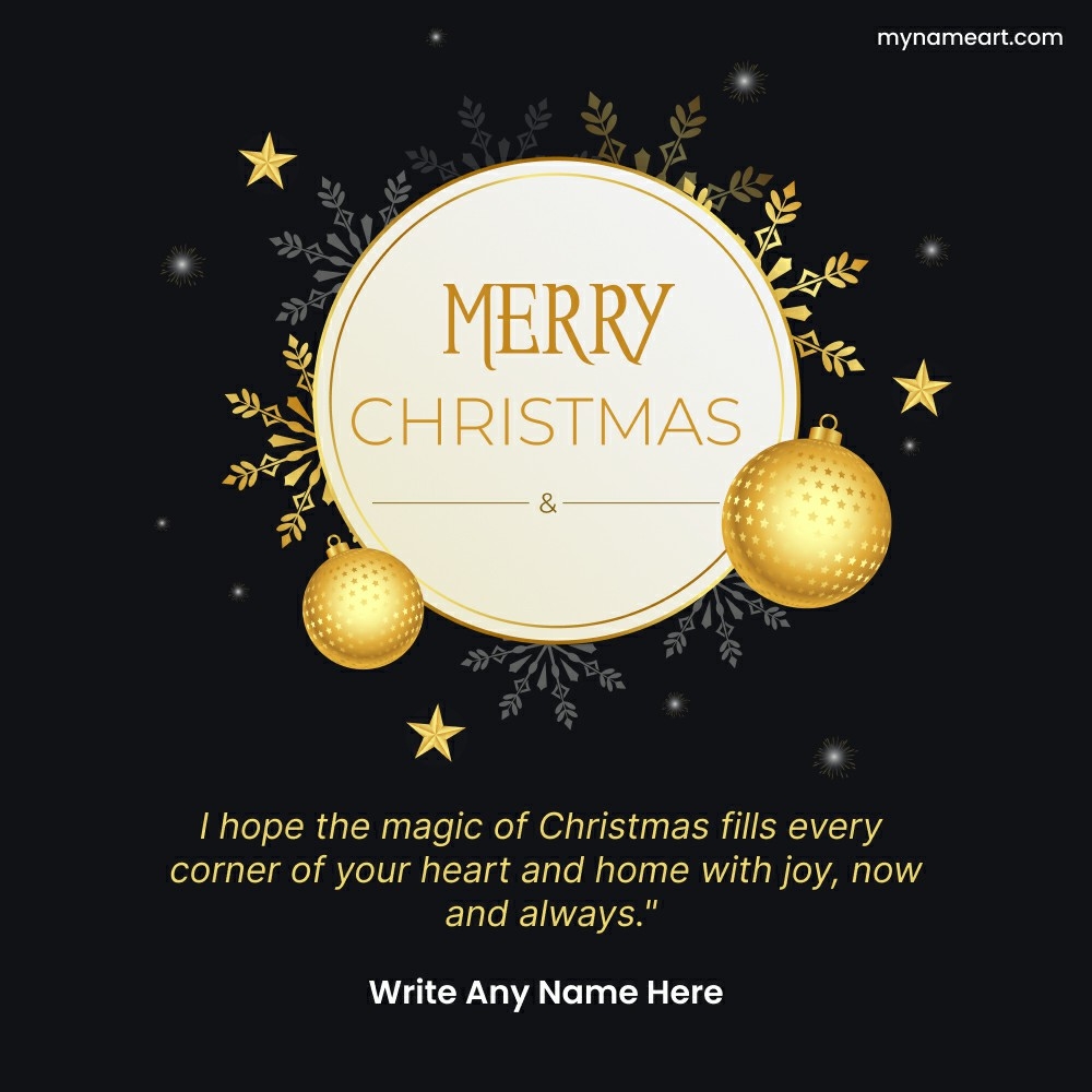 Elegant Merry Christmas Card with Golden Ornaments